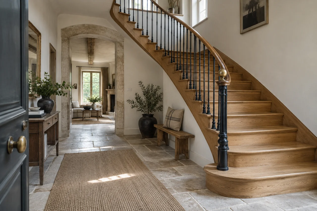 Escalier restauré et rampe sombre — illustration générée