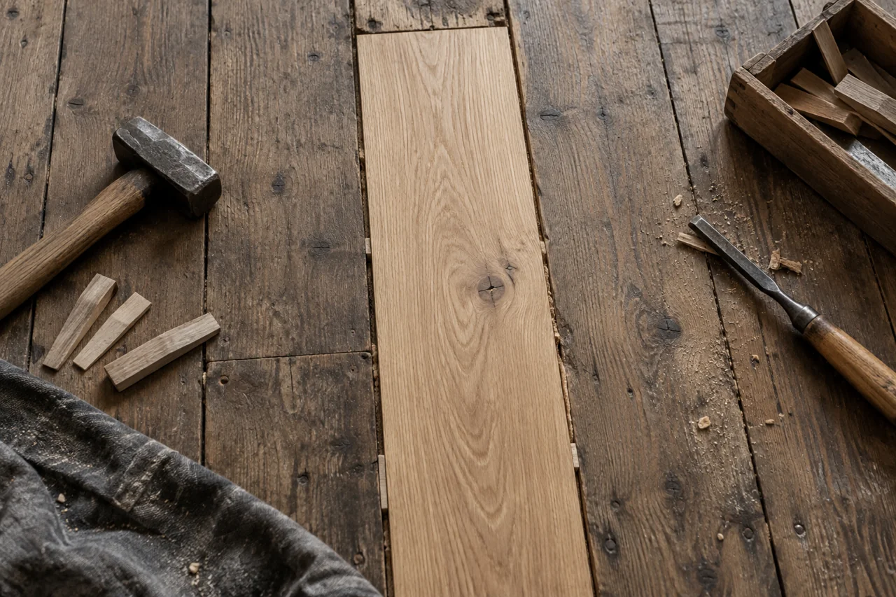 Remplacement localisé d’une lame de parquet — illustration générée