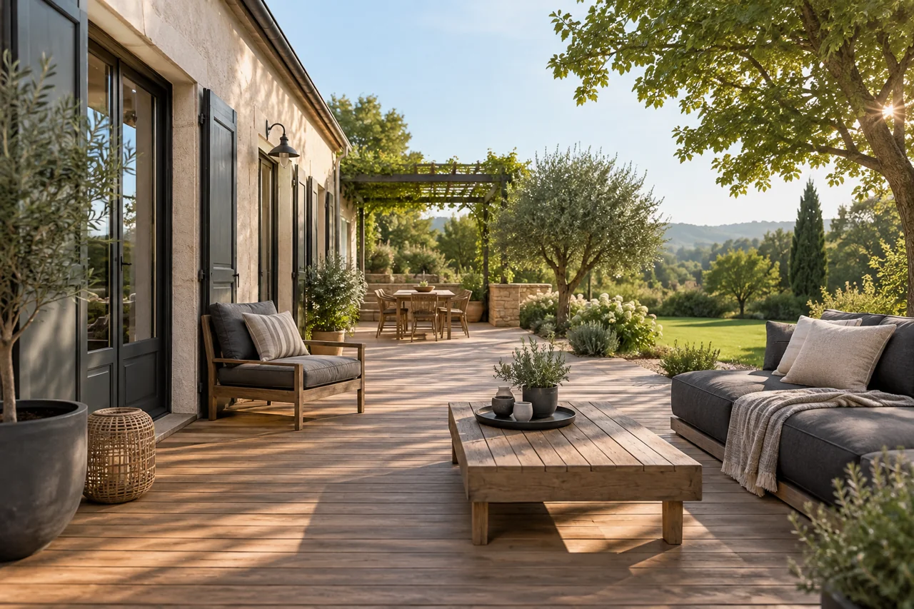 Terrasse en bois devant un jardin — illustration générée