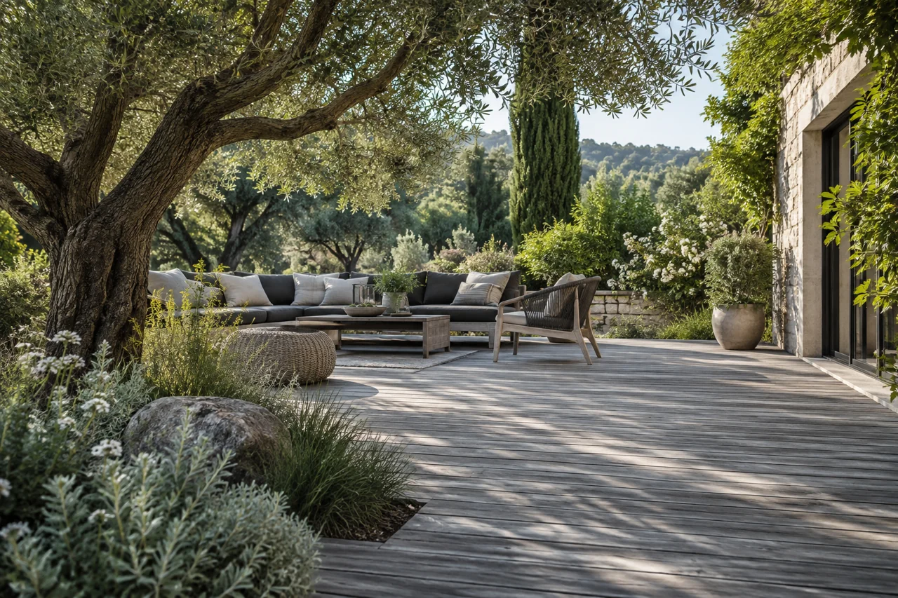 Terrasse patinée au bois grisé — illustration générée