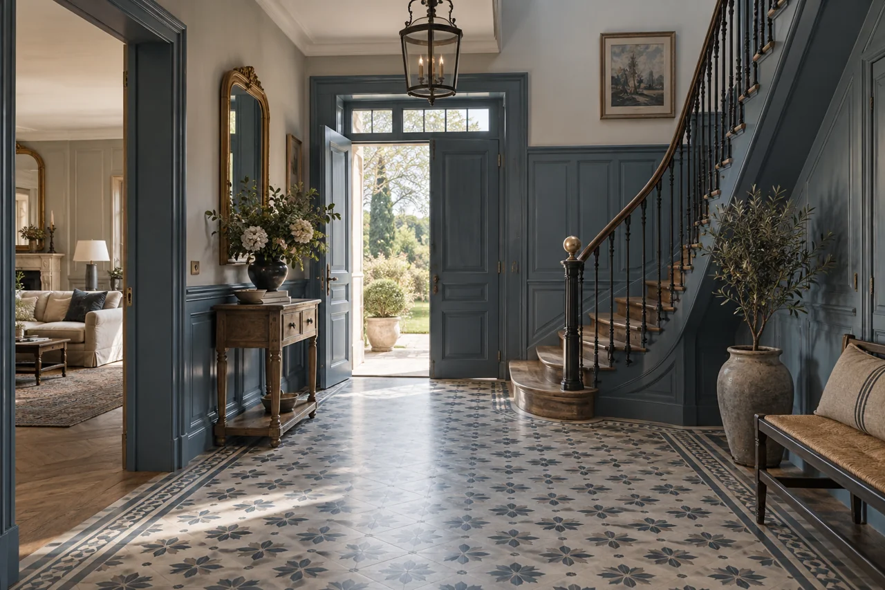 Entrée rénovée avec boiseries et carrelage à motifs — illustration générée