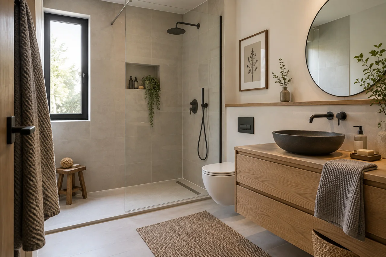 Salle de bains avec douche et meuble en bois — illustration générée