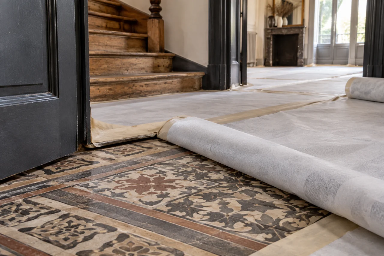 Protection d’un carrelage ancien pendant des travaux — illustration générée