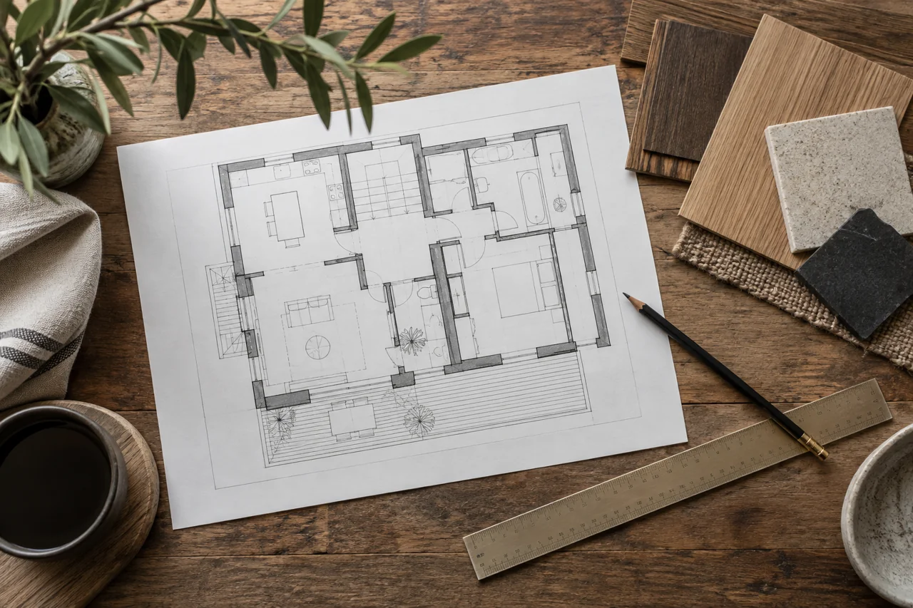 Plan de rénovation et outils de mesure — illustration générée