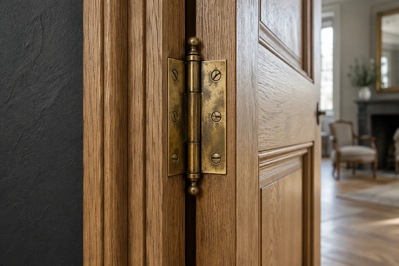 Détail de paumelle sur une porte en chêne — illustration générée
